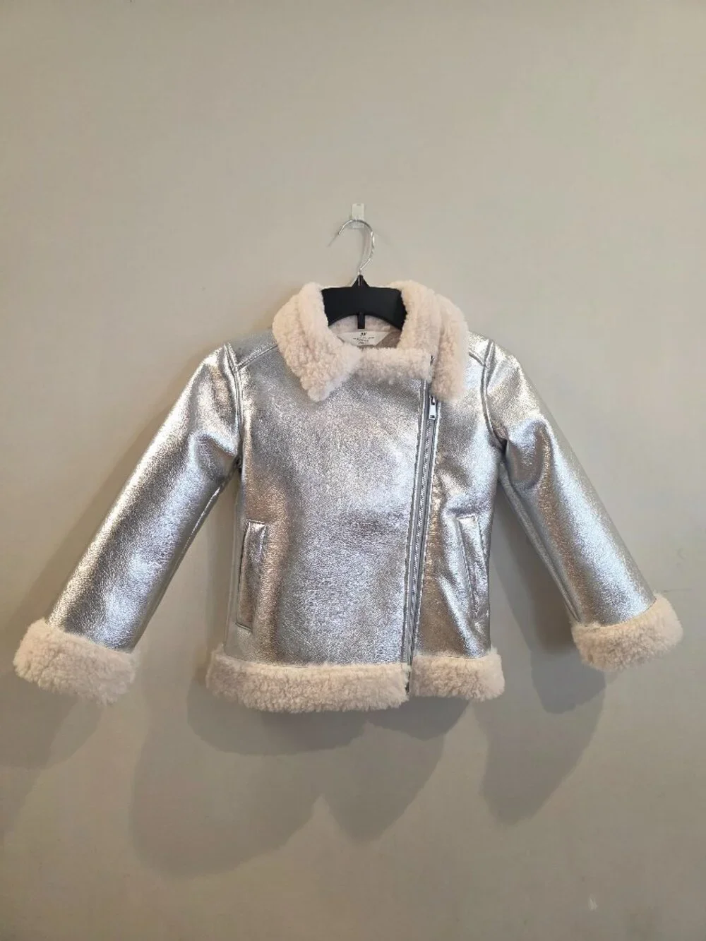 H&M Metallic Silver Faux Shearling Aviator Jacket 6Y